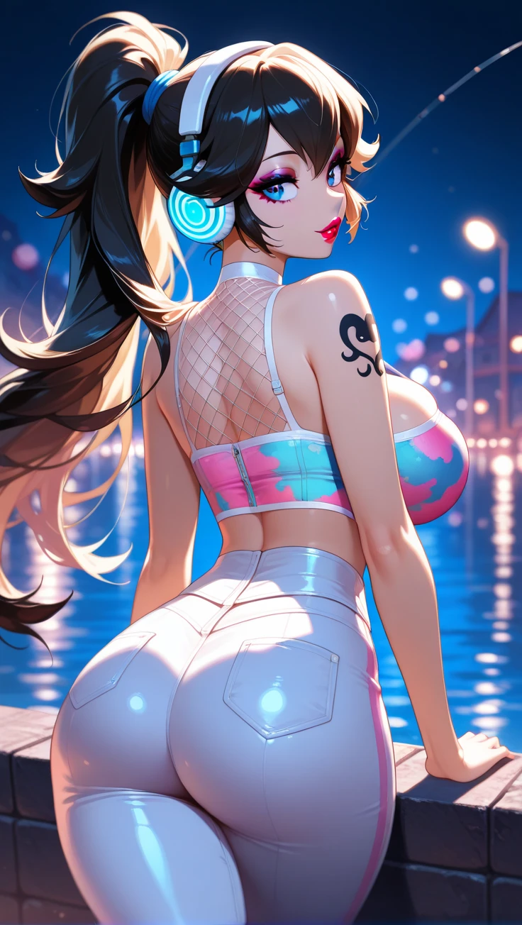 brown hair, Overwatch, D.VA, very long hair, Pink Headset, Dva Facepaint, pupils sparkling, Pink Eye Colour, unconscious, seductive smile, Big ass, D.VA Costume, from above, from behind, UHD, masterpiece, high details, high quality, best quality, highres