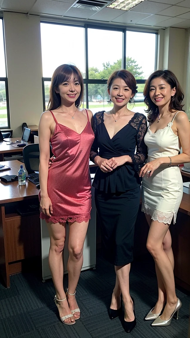 (Highest quality, masterpiece, Realistic, Very detailed, Ultra-high resolution, to be born:1.3), (Three Girls:1.5), beautiful, Japanese, mature, Age 27, office workers, (Close bonds, Sexy and intricate lace lingerie、Your underwear is visible、Lingerie、Random colors), (smile), (bangs), high waist, necklace, (office, indoor, Glass Room), (High heels, whole body:1.2), (Big breasts:1.3), (crowd)、(Sitting with legs crossed:1.0)、