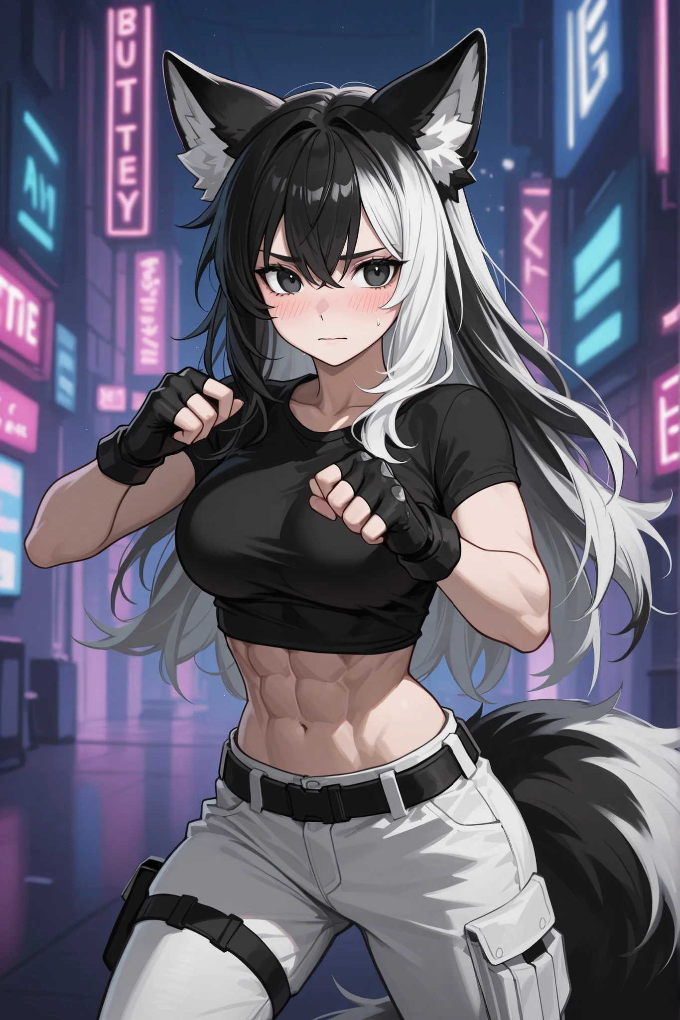 woman, KITSUNE ears and tail, black and white colored hair, white and black eyes, black t-shirt, white combat pants, buff, abs, black gloves, hottie, above average-sized breasts, slight blush, black bedroom background, digital anime style