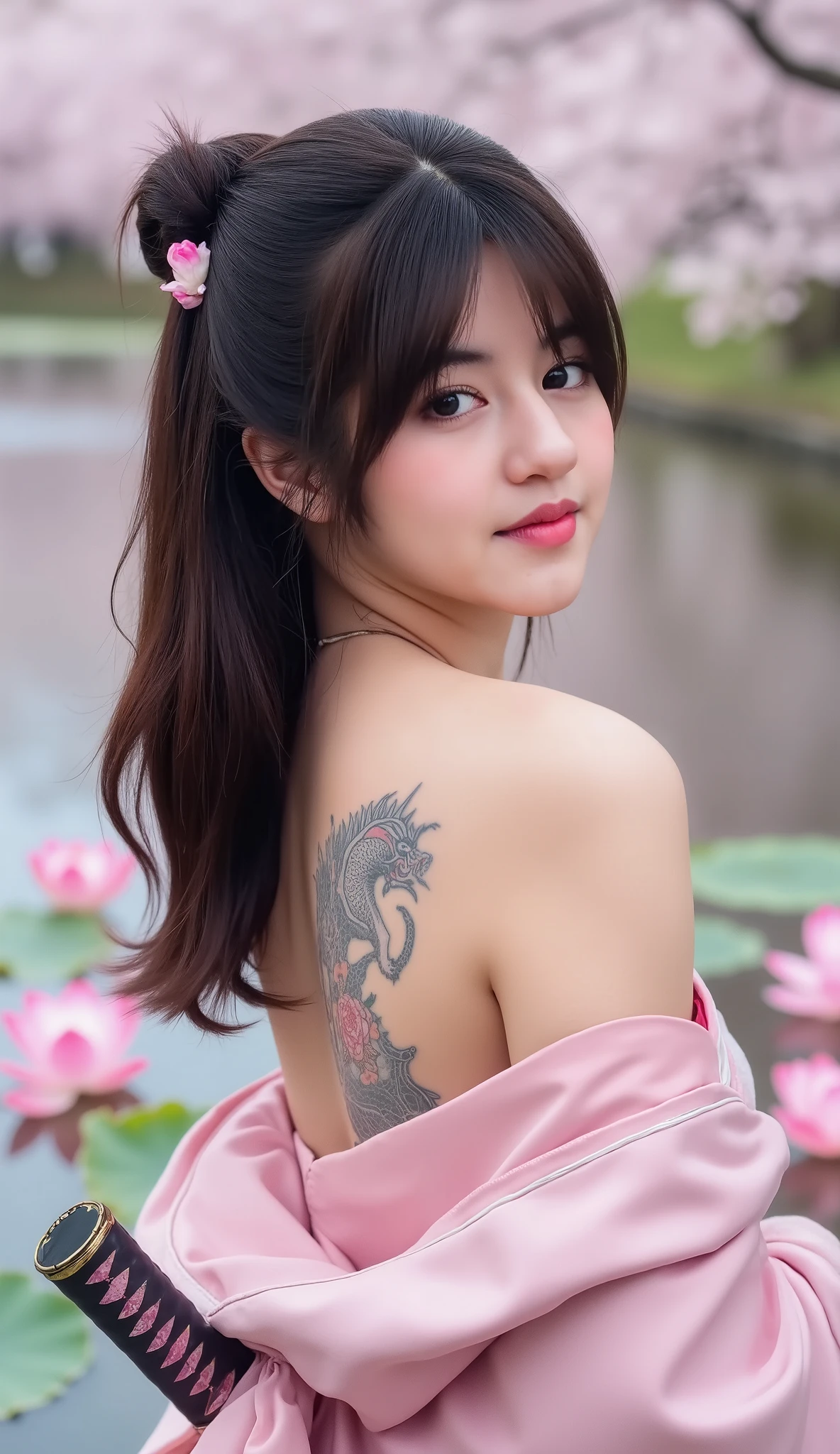 A young woman with long, flowing black hair, adorned with pink cherry blossom accents, gazes over her shoulder. She wears a delicate pink kimono featuring floral patterns, revealing intricate tattoos of pink lotuses and a dragon on her back. Standing in serene water, she holds a katana at her side, surrounded by blooming lotus flowers. The background is softly blurred with cherry blossom trees, creating a tranquil and ethereal atmosphere.