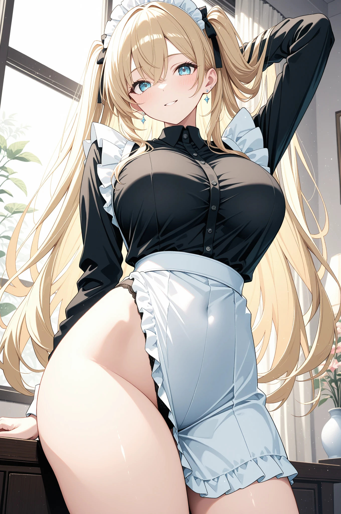 One Woman、beautiful girl、maid、20-year-old、Blonde、Very Long Hair、Western-style building、maidの、頭にmaidカチューシャ、Short skirt、Black Pantyhose、Ultra-definition image quality、Highest quality, smile,Big Breasts、Very large breasts、Sit on a chair、Crossing your legs、Slimy feet、Poses that accentuate the chest
