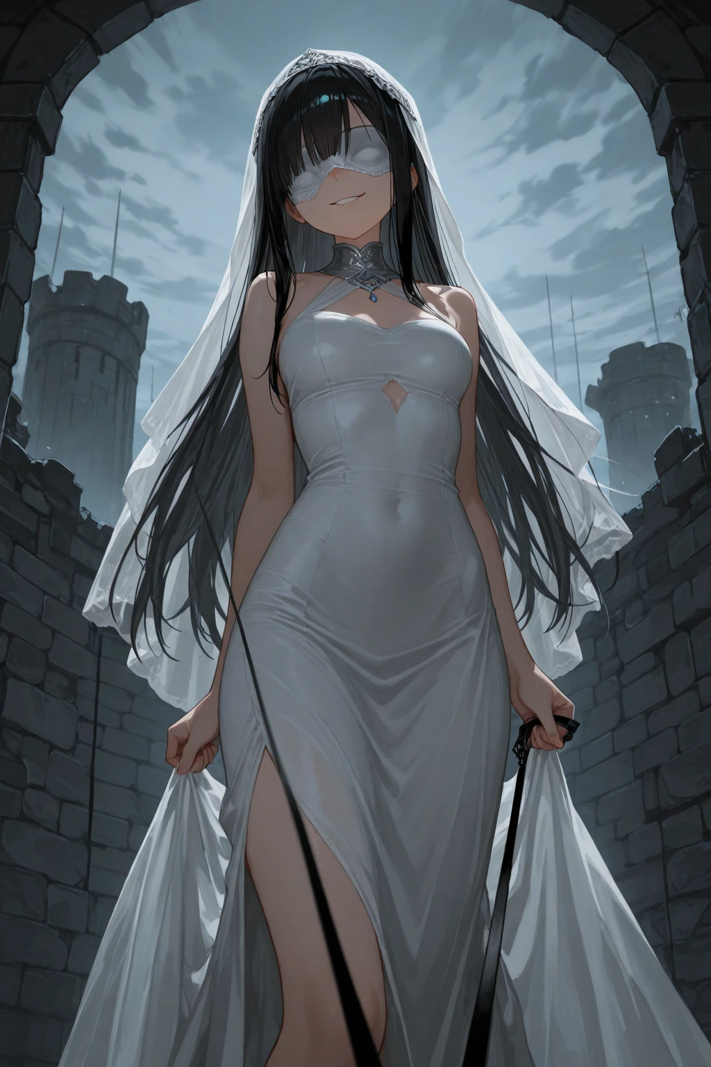 Beautiful, majestic, melancholic, en face, woman, solo-girl, long black hair, pale white skin, (blue eyes:1.3), narrow eyes, sly smile, (completely naked:1.1), (black and white veil:1.3), sitting on a stone pillar, dark ancient temple in background, rays of moonlight