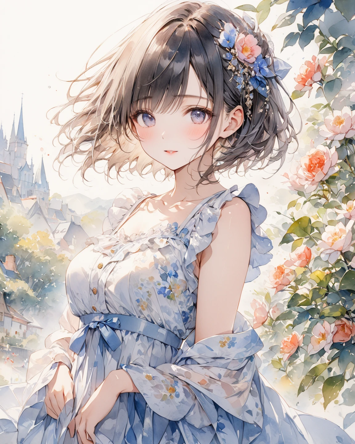 Painting of a woman in a dress standing on a balcony - SeaArt AI