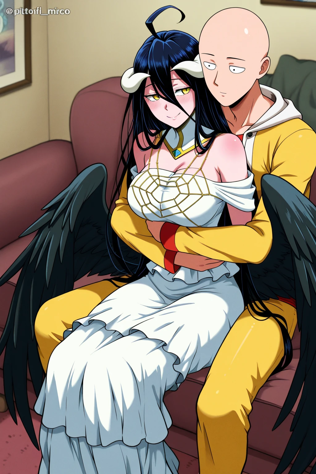 Albedo_overlord,black hair,curvy body,medium breast,big hips, wearing oversized sweater only,half naked, midnight setting,no reflection, very wet body,nsfw, hugged by a black man(faceless), fucked from behind,kissing.