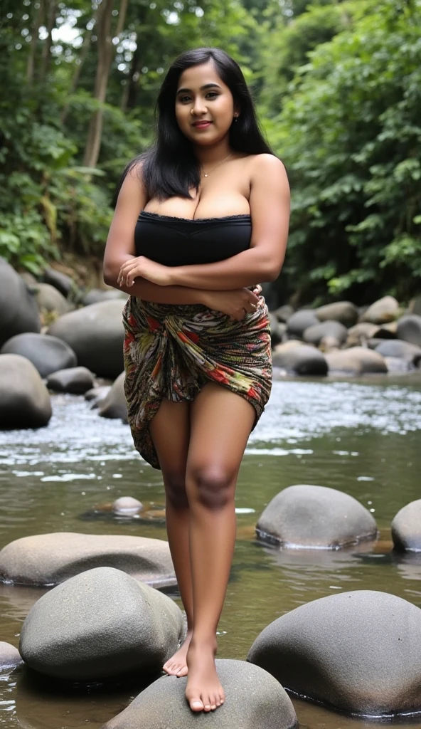Beautiful cool, Look cute, updo haistyle, (wearing a black top, off-shoulder), showing cleavage, showing big thighs, tubuh montok, big breasts, full body photo, sitting on a rock.