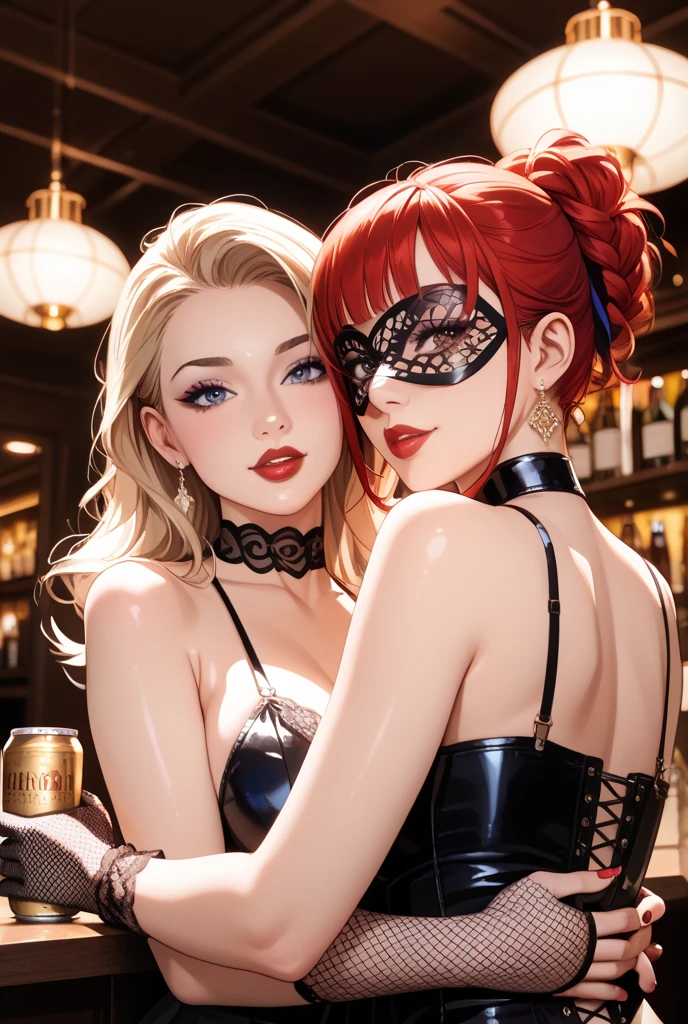 three sexy women in goth outfits, flirtatious smiles, on bed, flirtatious smiles, close up faces portrait, sunglasses, black lipstick, short curly auburn, orange and red hair