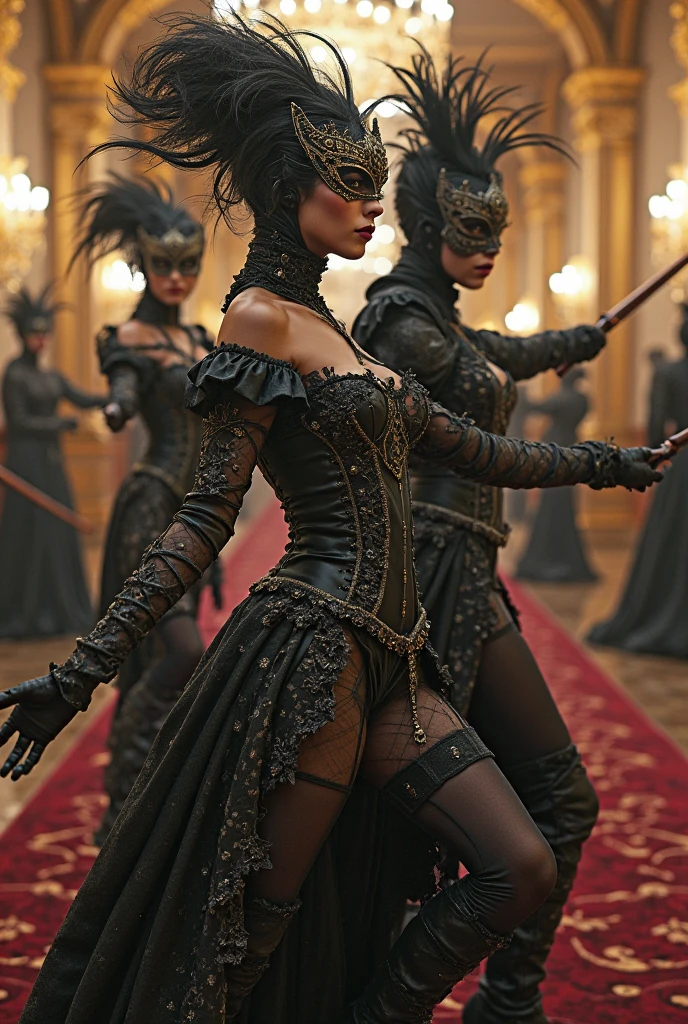 A mysterious sexy and hot queen with stockings in the center of a gothic village, around her her people of fantastic creatures who proclaim her, the queen is a little distant from the lens, the people of fantastic creatures are clearly visible and detailed