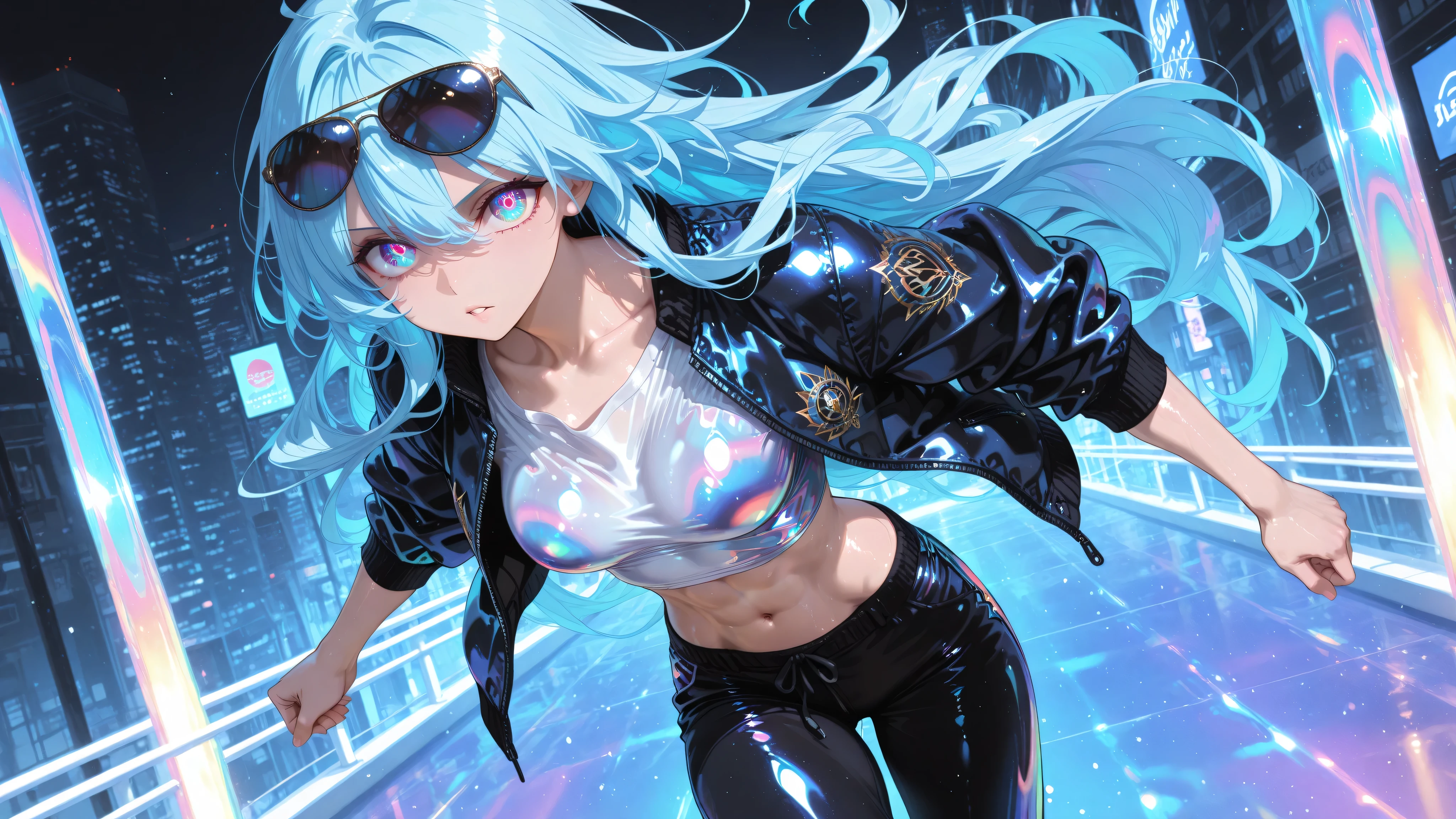 high resolution , high resolution , masterpiece , anime coloring , glossy skin , pants , shirt , jacket , open jacket , sunglasses , blue hair , iridescent eyes , flowing long hair . beautiful long hair , petite body, Abs ,、slightly larger breasts Running sprint City Keen Eyes