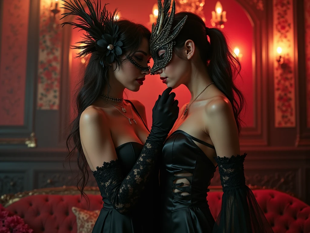 A New Year masquerade ball with guests in elaborate masks and costumes, a ballroom with ornate decorations