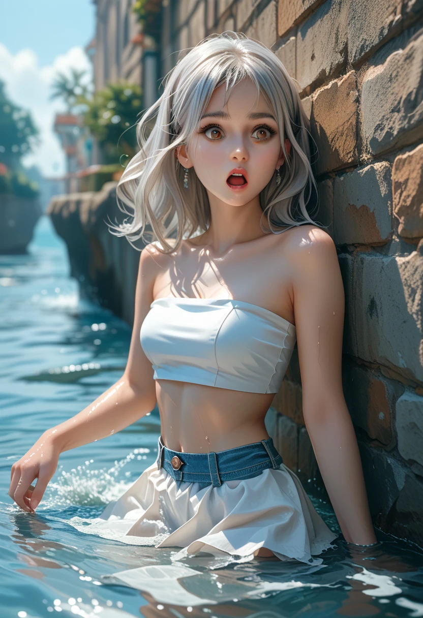 White-skinned girl,no clothes are worn,white color hair,The body is wet