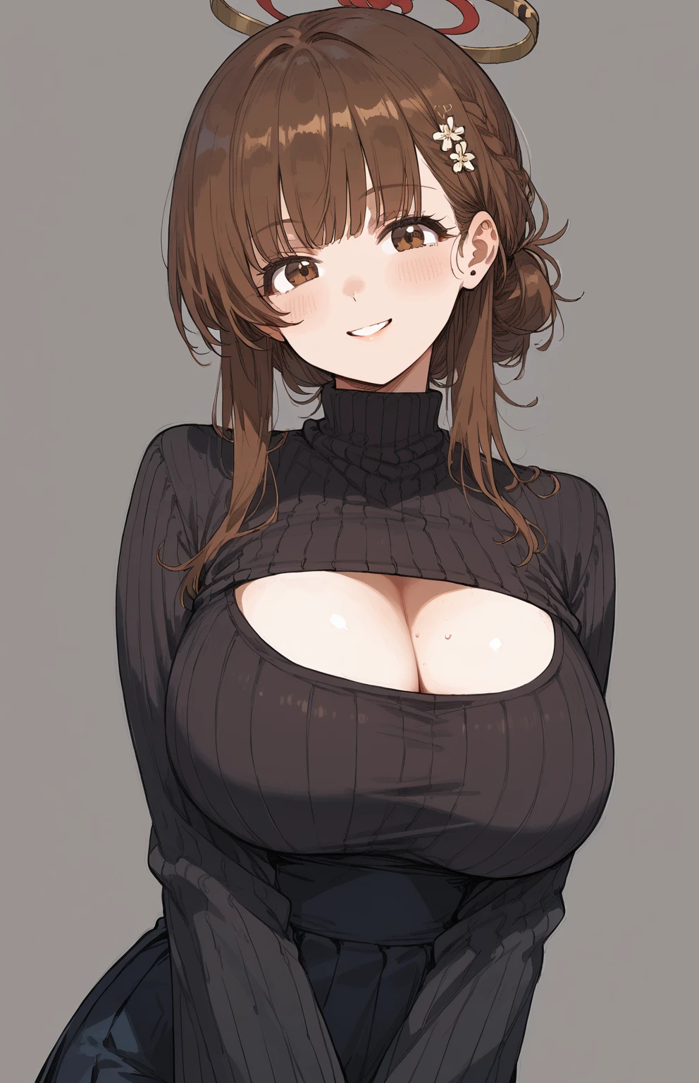 Cute girl, brown hair, brown eyes, big breasts, short shorts