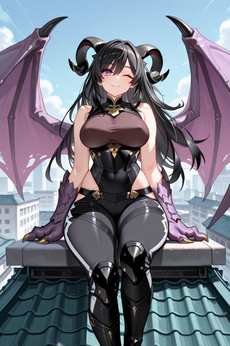 giant girl 10,000 feet high, Has a pair of huge devil wings and a swaying dragon tail on the right side,Have waist-length hair, High heel,Purple curly hair,A look of enjoyment,walking in a small city,Many little people knelt down to worship