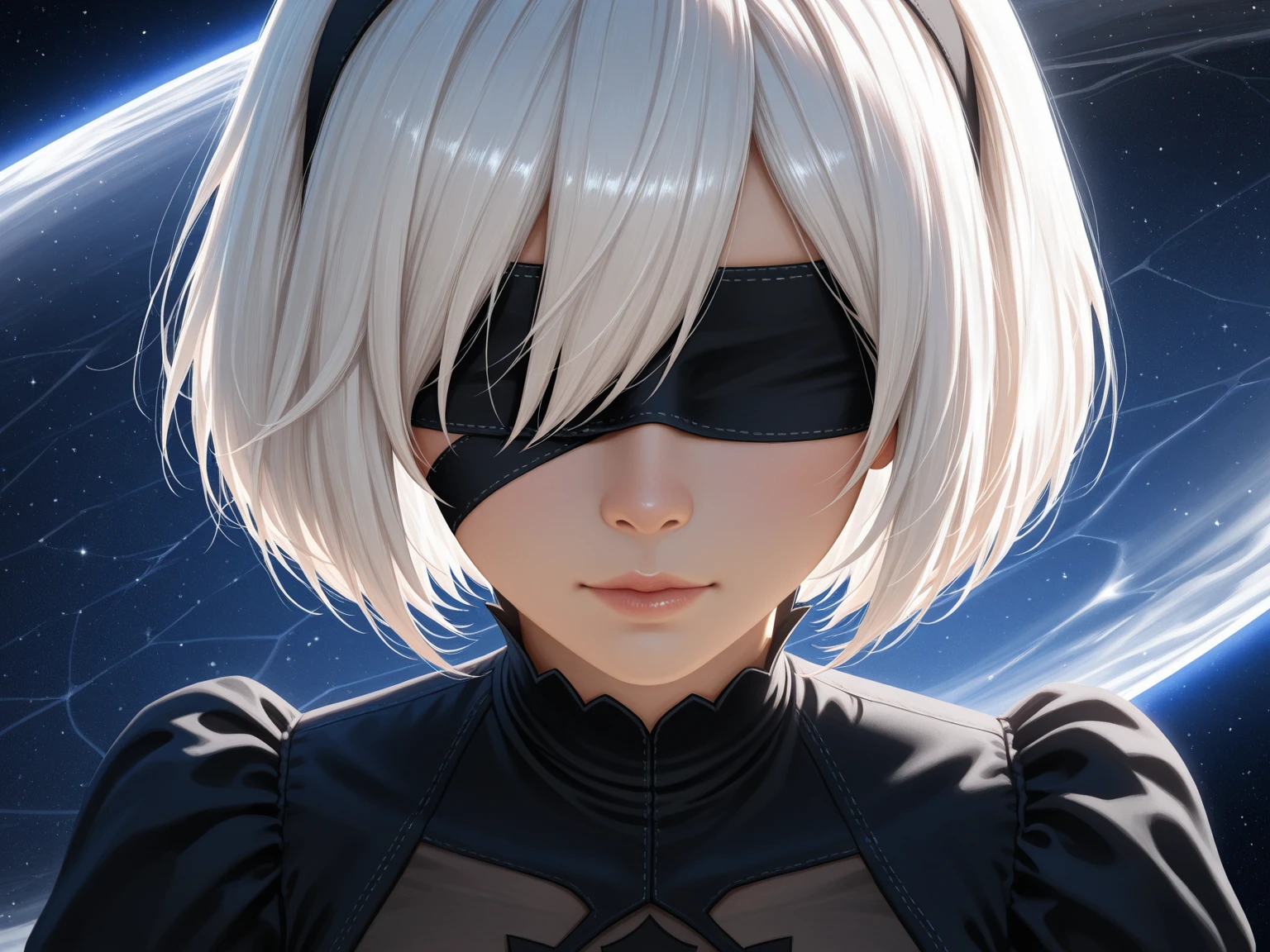 (((Hyper realistic super detailed, masterpiece:9.8, top quality:9.8, best quality:9.8, crystal clear:9.7, official art, beautiful and aesthetic:7.9, 8k, ultra high res,(photorealistic:2.5), extreme detailed:3.8,colorful,highest detailed, official art, unity 8k wallpaper, ultra detailed))), ((1girl, (((High-low bob hairstyle, short hair))), Detailed face:3.0, breasts, cleavage, cleavage cutout, dress cutout, hair between eyes, headband, high-low bob hairstyle, juliet sleeves, long sleeves, nier (series), (nier automata, 2b), (high low bob), fluffy sleeves, red lips, solo, seductive:2.5)), ((lava blue dress:1.5)), masterpiece, best quality, turtleneck sweater, cinematic shot, (blindfold:1.2), silky dress