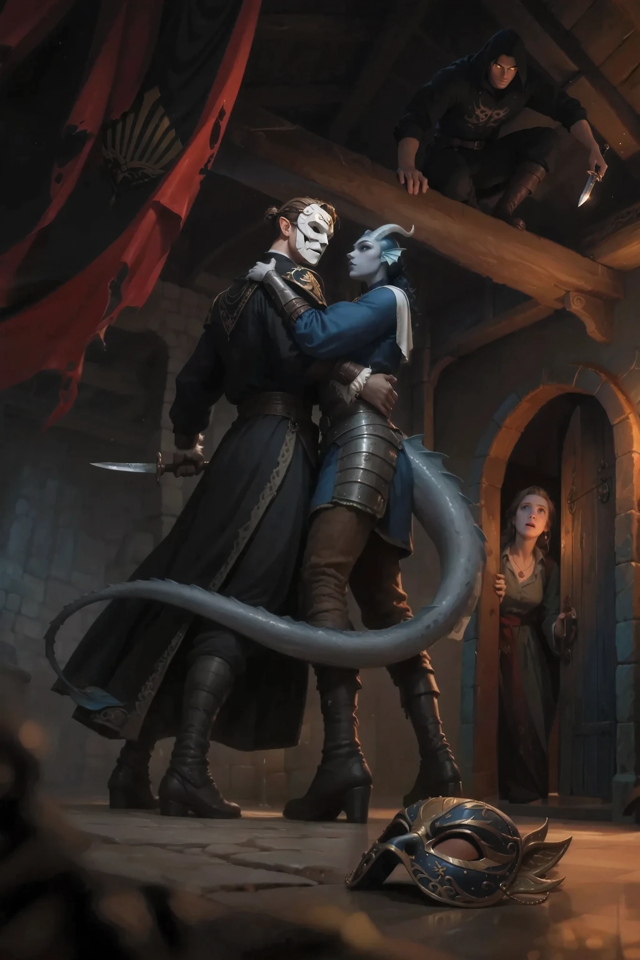 Kedra dark blue-grey leather,  fins on the head, long tail, Dancing with a man in a cracked white mask. Extreme low angle. Back view of a man dressed in rich aristocratic clothes, a black robe and clutches a dagger in his left hand, is about to deliver a mean blow. The girl's right hand is on the girl's waist.
shows a half-open arched wooden door on the right side through a crack in which a maid looks in and looks up in fear at the murderer with glowing eyes sitting on a wooden beam.
Kedra dressed in blue medieval clothes and light leather armor and medieval brown and black pants. Medieval flat old flat boots.
Kedra's tail wraps around the man from behind. Vintage furnishings.
On the floor in the foreground, an expensive elegant black and gold mask with one A black eye.
Деревянные своды потолка из отдельных редких толстых балок за которыми выше ещё один ряд балок в darkте где много места и очень dark сверху которых на балке притаился кот. Stone walls in the light of a torch. Darkness along the edges of the composition.
Warm soft colors, dark. Just one light source: warm dim light from a torch from the wall.
In the foreground, the edge of the chest from the corner of the composition is very blurred and darkened.
(bright rich colors).  unrealistic image . high sharpness. amazing quality,  8 k,   Ultra HD, impressive lighting. fantasy genre, dramatic lighting. Highly detailed digital art style. The composition is very rich in details.