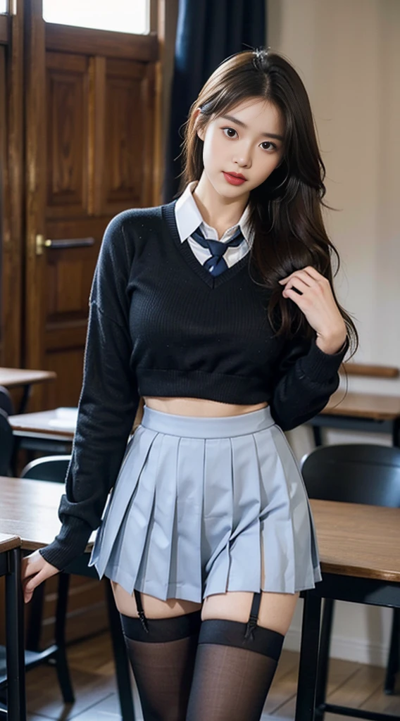 best qualtiy, tmasterpiece, A high resolution,8K,(realisticlying:1.4),超A high resolution,1girll, ultra - detailed, hyper realisitc, highly detailed CGillustration, offcial art, cinematric light, Realistis, Young and beautiful girl, perfect body figure, perfect body figure, full pov, Perfect body, (Starting below:1.3), lewd poses, long sexy legs, Hosiery,self-assured, Beautiful Sexy, student school uniform,a blue tie,Bow knot, A-line cropped pleated skirt,Kurfo, S-shaped body, Upturned buttocks,posing on a,Pose,Different Perspectives
