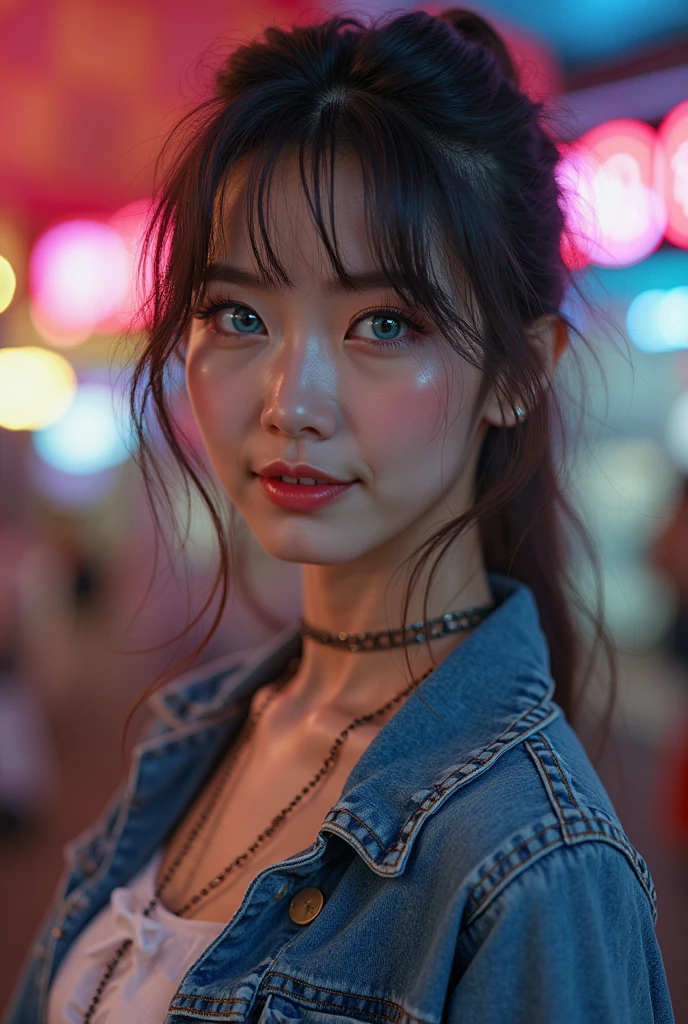 1girl, idol, model, depth of field, photo, film, face, skinny, smile, collarbone,  teeth, movie, camisole, selfie, night, neon, sign, (blue undercut hair:1),(ablong face)