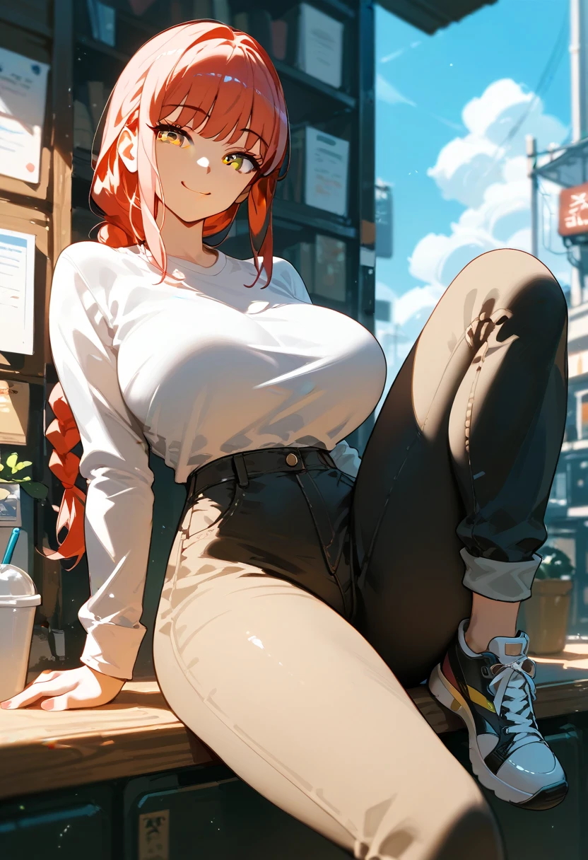 1girl, long red hair, yellow eyes, fall, falling leaves, autumn, large breasts, cleavage cutout, slight smile, smiling eyes, ribbed sweater, (thick thighs:1.2), black leggings, wide hips, (narrow waist:1.3), sitting on park bench, spread legs