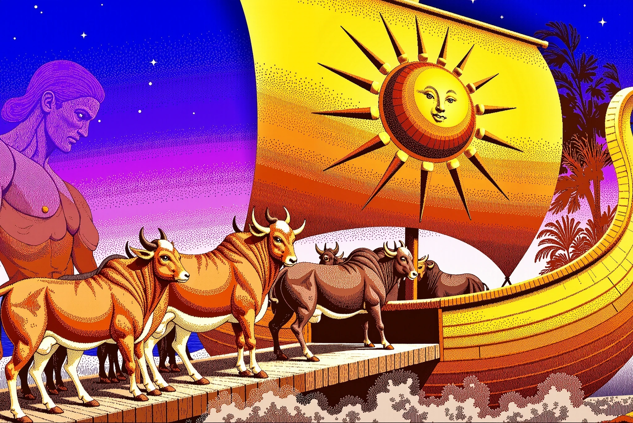 The loading of Geryon's red cattle onto the golden boat of Helios. The scene shows accurate human and animal proportions. Hercules stands near a wooden ramp guiding a line of large, muscular red cattle stepping one by one onto the ornately decorated golden boat, which floats near a sunlit shore. The boat is large, with a tall golden sail emblazoned with a radiant sun symbol. The late afternoon sunlight casts long shadows, and soft waves lap gently against the coastline. The mood is heroic, grounded, and cinematic — hyper-realistic style.