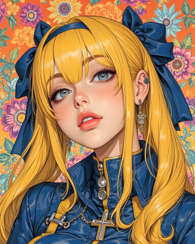 a beautiful 20 year old blonde woman with big messy hair in a blue dress, white stockings, black headband, cleavage, holding a glowing mushroom, fantasy art style, rossdraws cartoon vibrant, alice x. zhang, alice in wonderland cyberpunk, cute detailed digital art, colorfull digital fantasy art, digital fantasy art ), glossy digital painting, rossdraws pastel vibrant, rossdraws 2. 5, rossdraws 1. 0