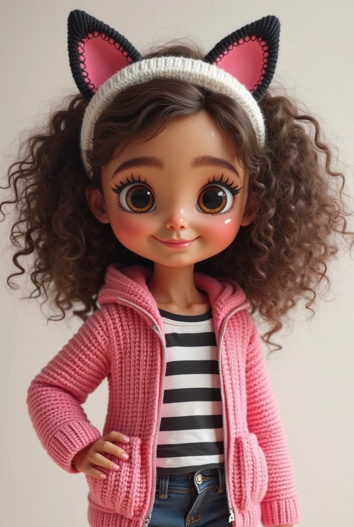 [(A cute smiling brunette girl :1.2)(Small and cute baby)(with fair skin)(cheerfulness)][(Wear costumes inspired by "stuffed animals".) , KIDS ILLUSTRATION , clean backdrop], Wearing a small pink dress，It has white polka dots on it，There is a bow in the hair, full bodyesbian, Wear black shoes