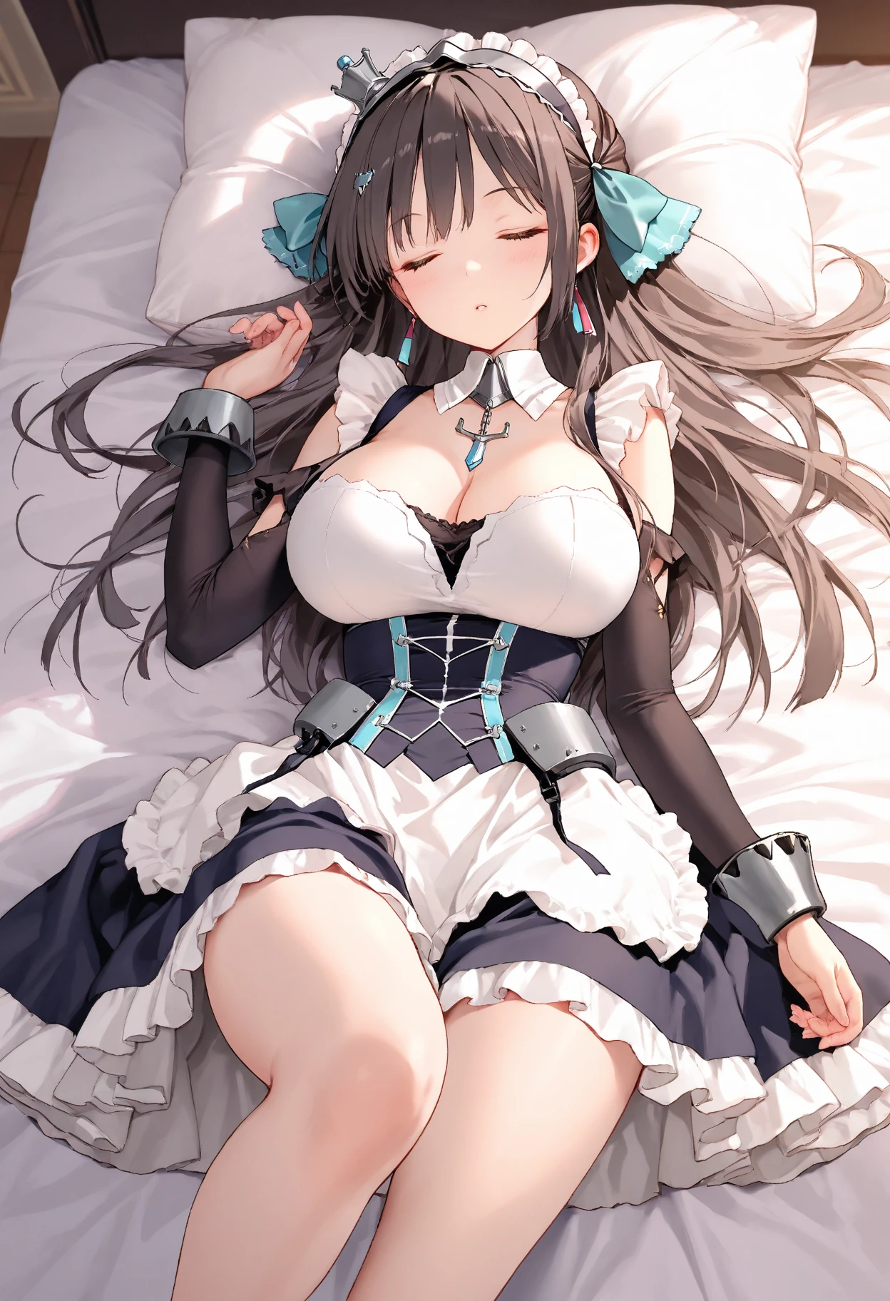 High quality, masterpiece, ultra-detailed, 1girl, bunny maid outfit, solo, peaceful expression, long black hair, enchanting eyes, blue and yellow eyes, heterochromia, bunny ears, ridiculously large breasts, shiny skin, bedroom