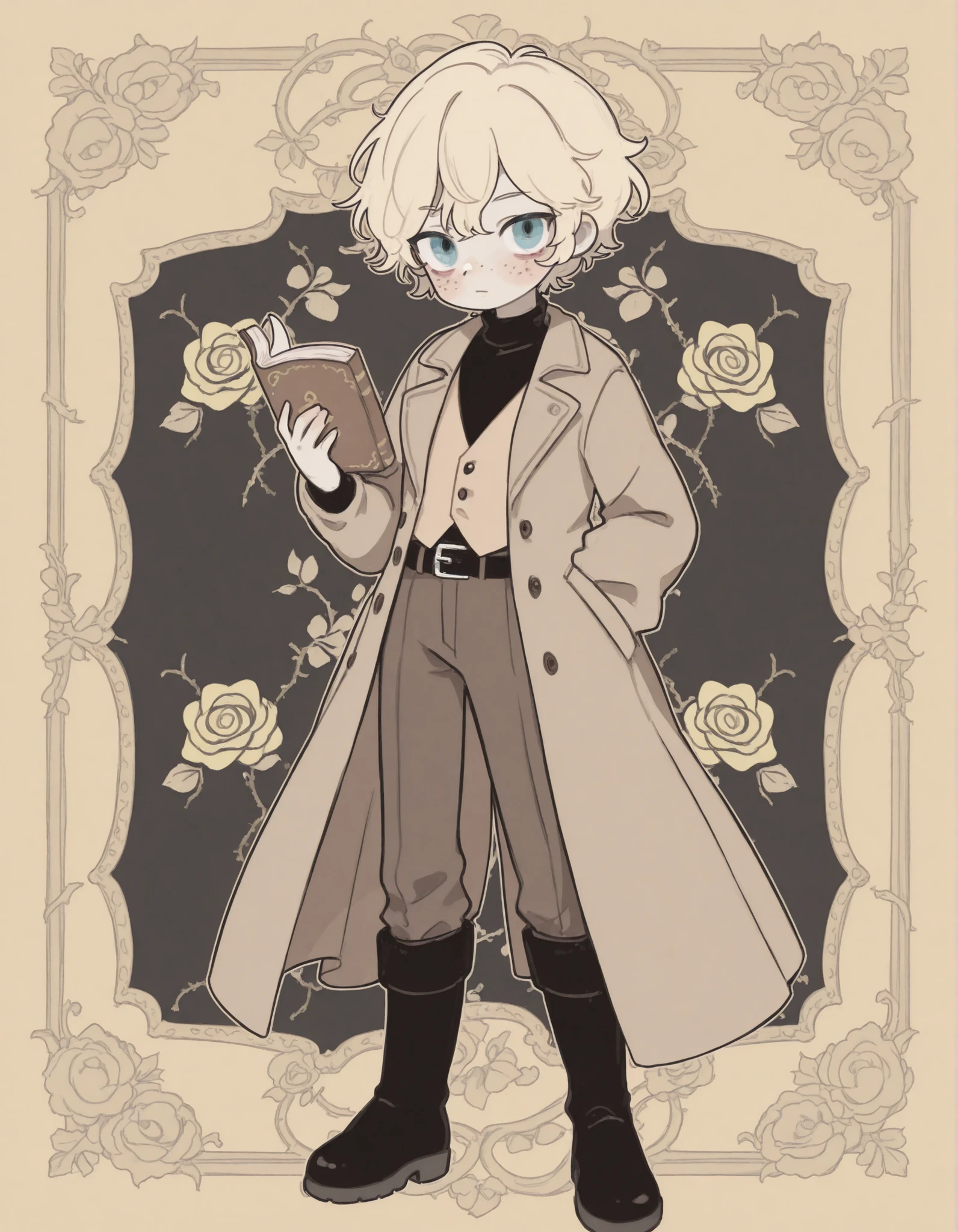 full body. monotone. cel shading. zerochan illustration. solo. 1 male. a boy. blonde. light blonde hair. short hair. blue eyes. pale skin. freckles. holding a book. grumpy expression. cute. small. black turtleneck shirt. light brown vest. dark brown coat. black belt. dark brown trousers. black boots. yellow rose pattern background.