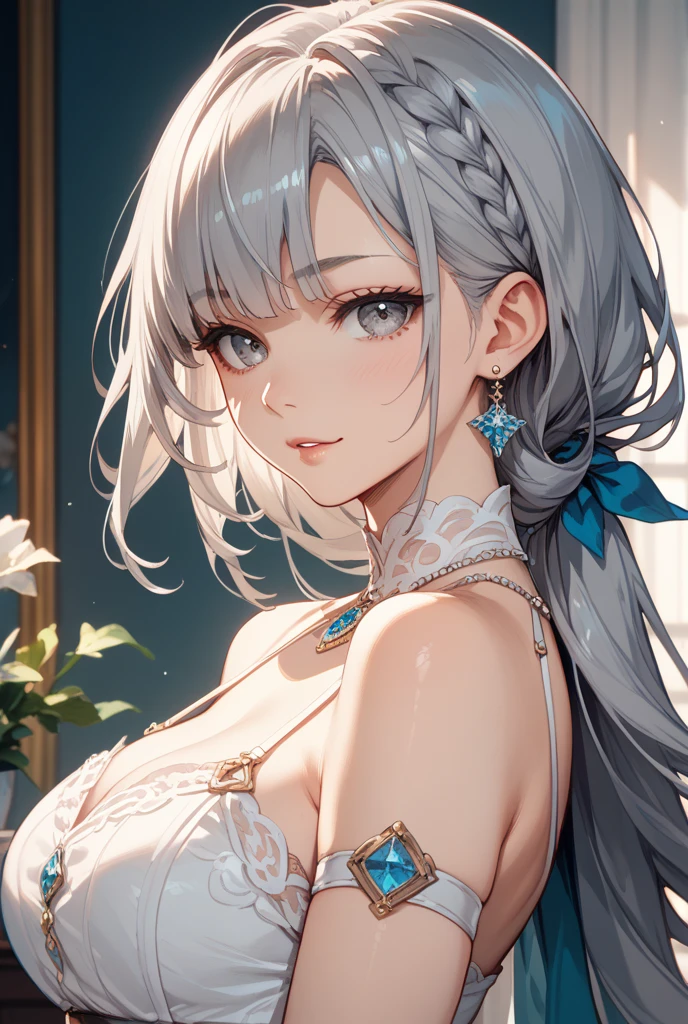 elegant young woman with long silver hair and vibrant blue eyes, wearing a short white camisole and cropped shirt, detailed face and body, beautiful detailed eyes, beautiful detailed lips, extremely detailed eyes and face, long eyelashes, illustration, anime style, highly detailed, 8K, photorealistic, masterpiece, vivid colors, soft lighting, delicate skin, flowing hair, detailed fabric textures, intricate details, dynamic pose
