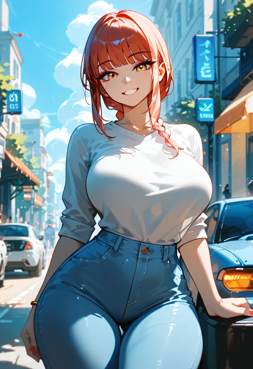 masterpiece, Superior image quality, High resolution, 4k image,Photo and gross, photorealistic, 1 young girl of 20 years old, walking, {Alone},{{{vagina}}}, huge breasts, beautiful face, dark red hair short ponytail, green eyes, very detailed eyes, expression of pride, draw smile showing superiority, choker:1.6, red tight t-shirt, long white jeans, black boots, sensual lips , show details in the eyes, View from the front, Street, city, cloudy