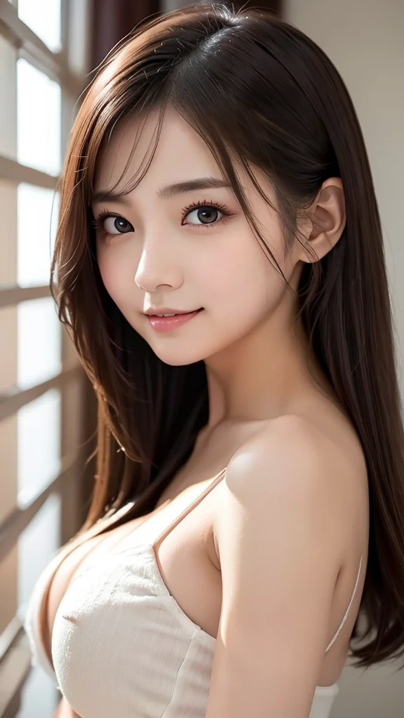 masterpiece, Highest quality, 8k, 20th Generation, Small breasts, cute, alone, sad, cute, Girlish, Delicate girl, Pure beauty, RAW Photos, Professional photography, Portraiture, Soft Light, Professional Lighting, Backlight, Upper Body, avert your 目, Sophisticated, Film Grain, (Eye and facial details:1.0), Floating shorthair, beautiful, Flowing Hair, Show your forehead, A loose-fitting dress in a greyish lavender color、(Small breasts:1.2)、blush、Excited、