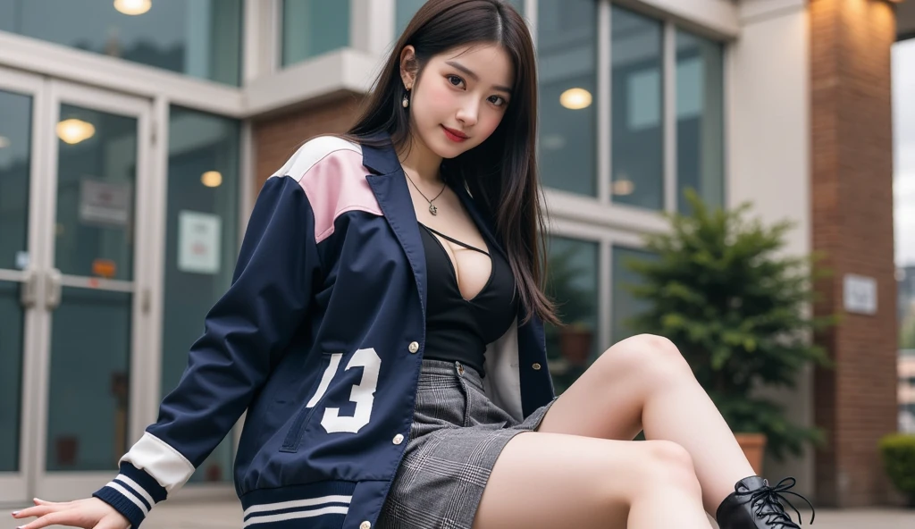((Best picture quality, 8K, tmasterpiece:1.3)), 1girll, Casual hairstyle, (off-shoulder blouse,Short pleated skirt:1.3),(wet see through clothes:1.4),Ultra-fine face, A detailed eye, 二重まぶた,(long leges:1.4),(athletic sneakers:1.3)Erlang legs,Sit sideways on a high platform