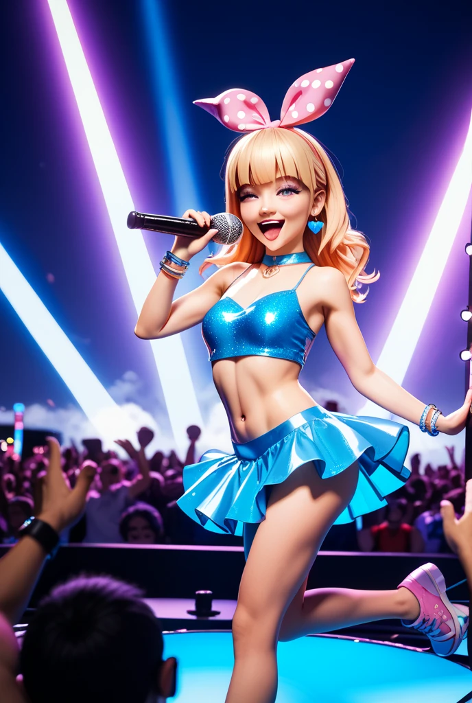 Caricatura de Taylor Swift, sorriso exagerado, holding a bottle of water, palco, pintura digital de alta qualidade, cores alegres, detalhes intrincados, 8k
