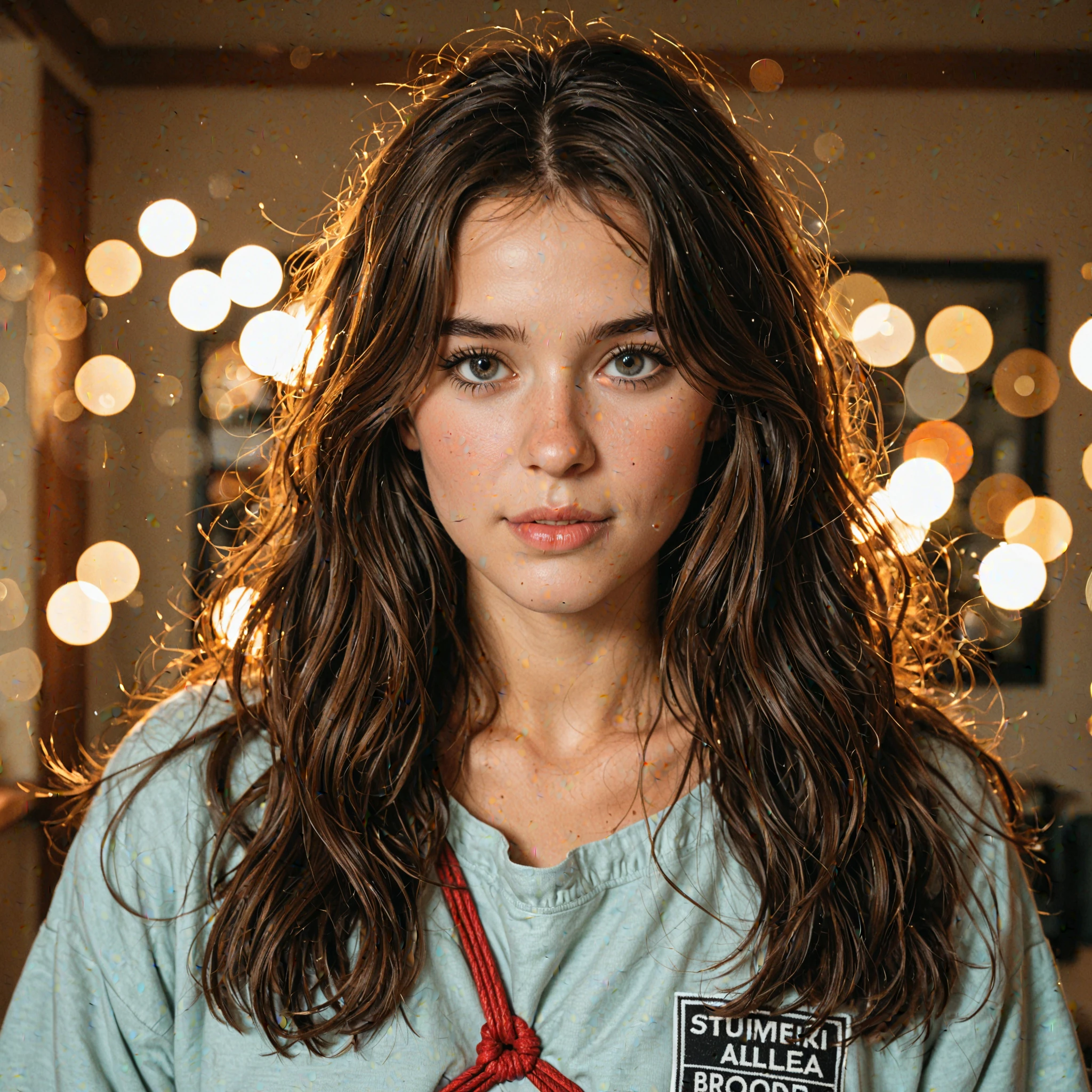 (Best quality, Ultra detailed, Golden ratio, Masterpiece:1.2), Theatrical lighting:0.7, Photo of a woman, a Disney fan from Colombia, dressed in a t-shirt with the number 10 and the word "Heaven" written on it, shoulder-length curly hair, casually styled, looking sideways with a sense of wonder, (highly detailed skin), naturally dyed hair with a mix of golden and brown tones, facial details highlighted, (thin, medium size:1.2), [:(Sharp focus on eyes, expression of joy and excitement:1.2):0.2], photorealistic, film grain, capturing the