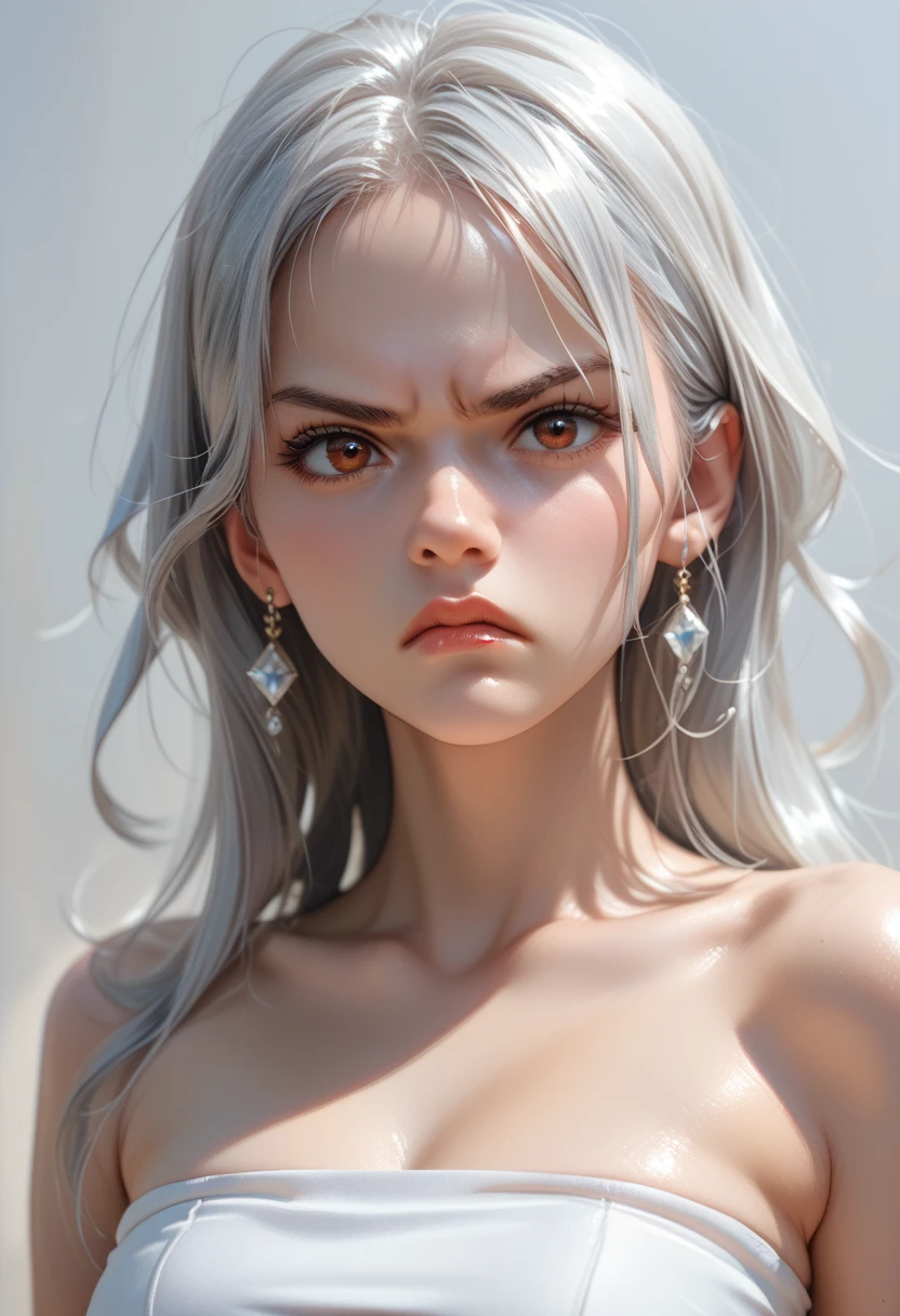 Girl with gray hair, Portrait Of Girl, Druid, with large deer antlers on the head, (A complete overview of the horns), long straight hair, ((slim physique)),8k high quality detailed art, ((perfect anatomy)), work of art, gorgeous digital painting, stunning digital illustration, (Body symmetry:1.2), Upper torso. NSFW. gray background.