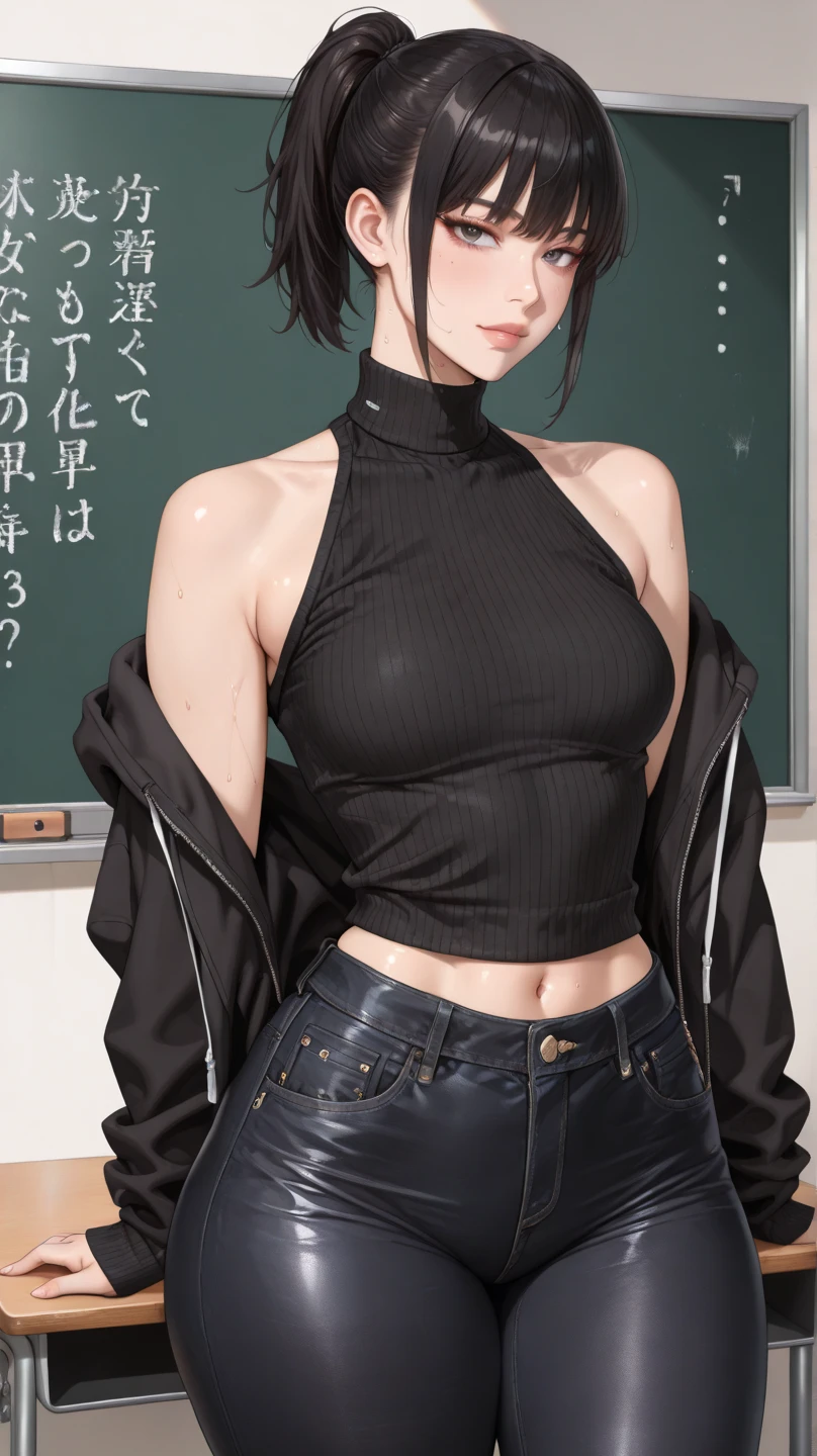 soifon from bleach anime, short hair, blue hair, beautiful, beautiful woman, perfect body, perfect breasts, wearing white tanktop, sleeveless, black cardigan, long jeans, handbag, wearing watch, wearing earrings , in class , on campus , university , blackboard , looking at the audience , slight smile , realism , masterpiece , textured skin , super detailed , high detail , high quality , best quality , 1080p , 16k, one hand raised, armpits, armpits visible, dripping with sweat, more more sweat, sweaty armpits.