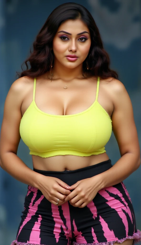 A woman padded bra and shorts saree,on the luxury office, angle face,round face, beautiful face, big cheeks, curvy, hourglass figure, swooping breasts, deep cleavage, open arms, sexy armpits,big penis, nipples, ass, necklace, (cinematic:1.3), araffe woman in a yellow shirt and blue shorts posing for a picture, wearing yellow croptop, alanis guillen, andrea rocha, fernanda suarez, marischa becker, by reyna rochin, violet myers, julia fuentes, dressed in a top and shorts, lola dupre, looks like fabiula nascimento