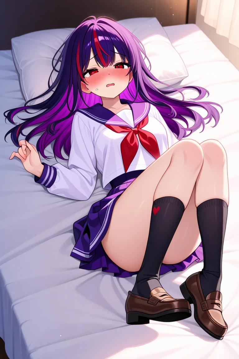 beige pantyhose,loli,sailor,dress,cute,lying,panties under pantyhose,purple hair,long hair,,shy,medium breasts