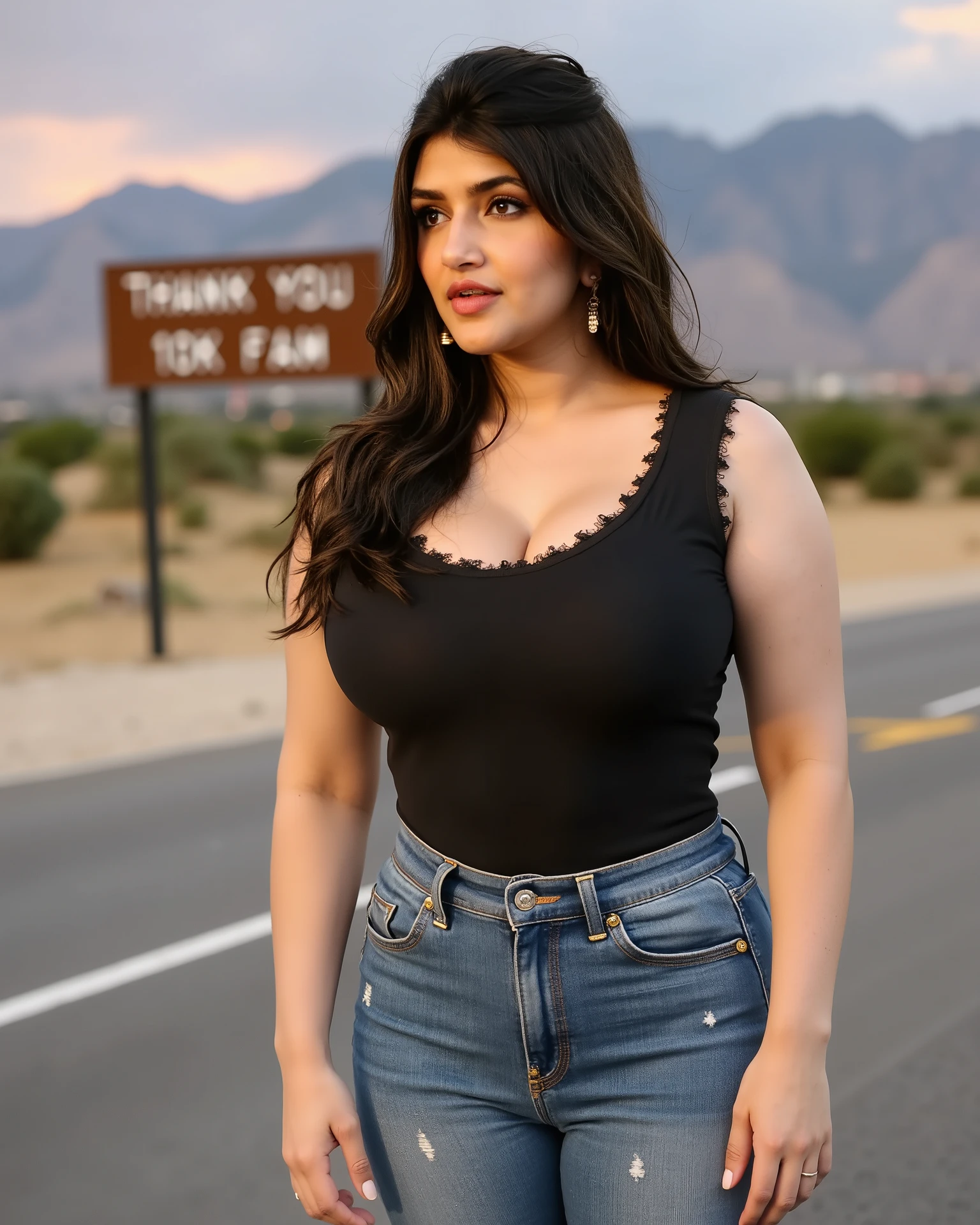 An indian 25 girl wearing black sleeveless t shirt and parrallel lines denim pant,with big breasts,visible big cleavage,visible navel standing in middle of road with lust in her eyes,A phrase"Thank you 10k Fam" on the road sign board.big mountains i. background.