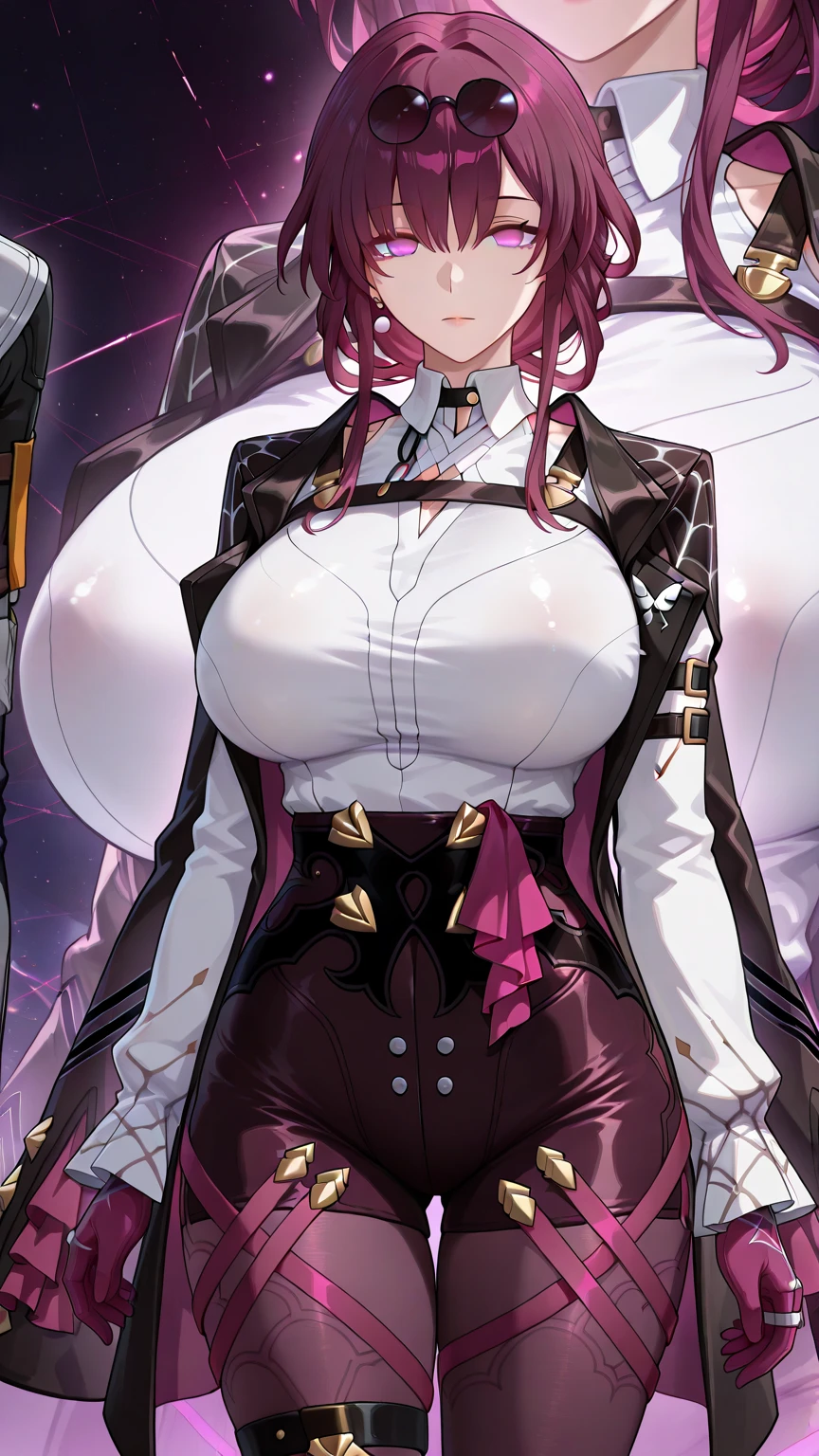 1girl, parted bangs, breasts, long_hair, blush, solo, large_breasts, covered_nipples, looking_at_viewer, nun, smile, purple_hair, navel, animal_ears, cape, covered_navel, arm_behind_head, 