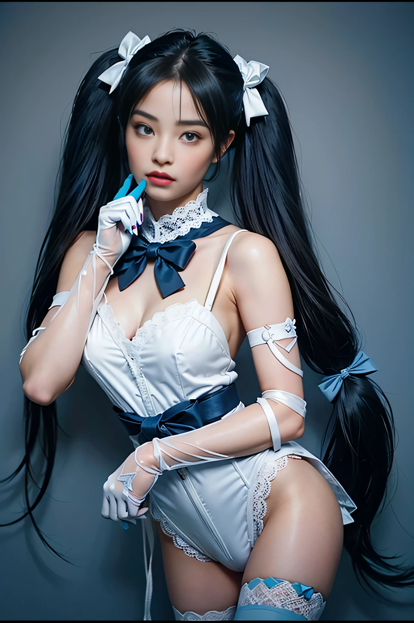 masterpiece, hatsune miku, White shirt, Blue tie, Bare shoulders, The sleeves are separated, Evil Smiley Face, Dark Skin, Red eyes, Iris, Pupil orange,