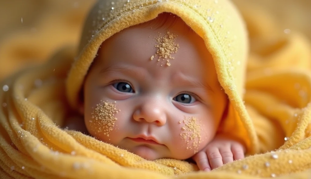 arafed baby sitting on a rug under a towel on the floor, cute boy, cutie, happy ???, lux, little ???, bathed in golden light, cutest, sun light, beginner, wearing a towel, adorable, sunbeam, cute woman, golden sunlight, magical mood, afternoon sunlight, super adorable, bathed in light, portrait shot, sun beam --auto