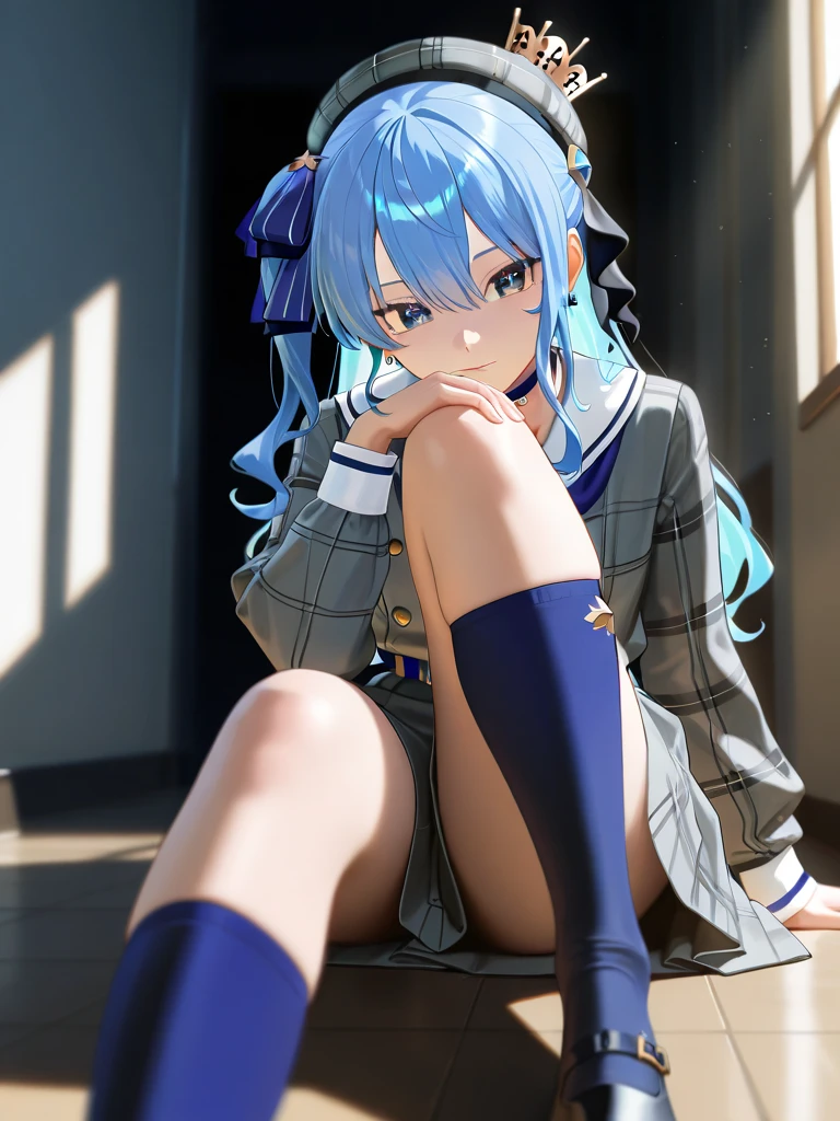indoor、Gaming Girl、so stupid, cross-eyed、 masterpiece, highest quality, hair clip, heart,hair over one eye、sit、b leaning forward、hair above one eye, asymmetrical bangs,Standing picture、loose socks、Hatsune Miku、gradient color hair、tie hair、colorful hair、cross-eyed、messy hair、blunt bang cut、pleated skirt、black shirt、striped hair、messy hair、Sloppy、cross-eyed、drunk、( fool / sexual ecstasy)、highest quality, realistic, Super delicate illustration, beautiful and charming anime girl, slender body, tied hair, one girl, girl pictures, full body shot, beautiful blue eyes,
