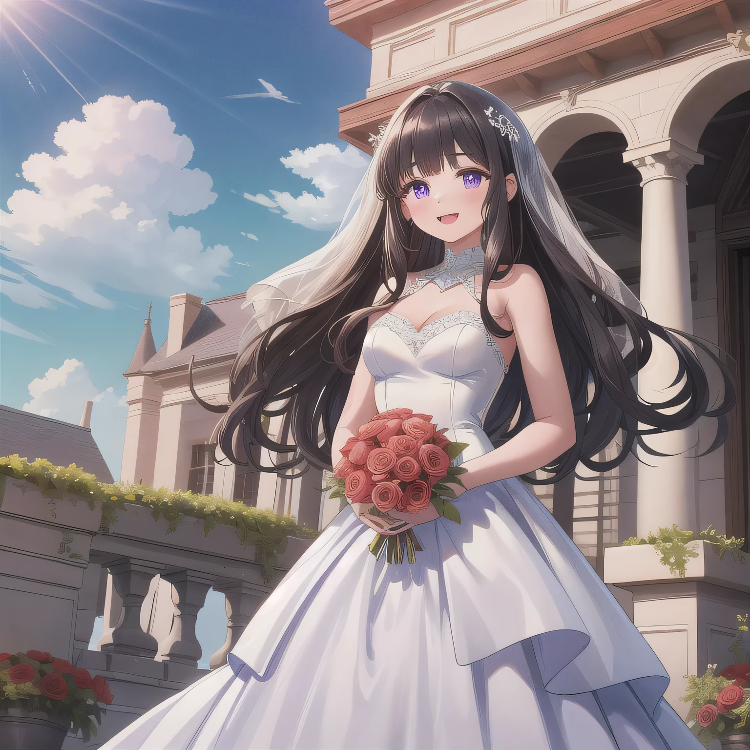 A breathtakingly beautiful 20-year-old woman stands in the courtyard of a luxurious mansion beneath a clear blue sky. She wears a white and blue wedding dress, holding a red bouquet gracefully in front of her chest. Her radiant smile and joyful expression exude pure happiness. long hair, dark hair, purple eyes.