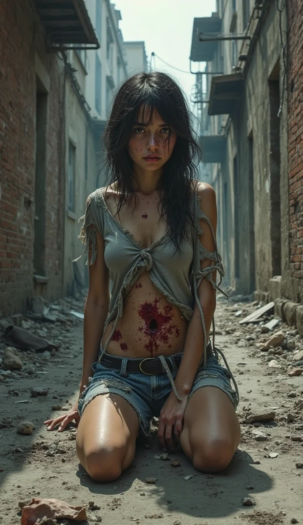 a teen emma watson as a zombie girl is sitting on a fence as a captivating figure amidst the desolation. her physical appearance tells a story of tragic transformation and decay, evoking both fascination and a sense of unease. the teenage zombie girl's once-youthful countenance is marred by the relentless grip of decay. Their her flesh, once vibrant and alive, now hangs in tattered shreds, exposing patches of decomposed muscle and bone beneath.
