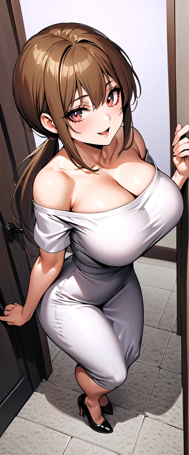 standing, solo, 1girl, mature female, naked apron, coffee apron, sideboob, large breasts, areola slip, cleavage, leaning forward, hanging breasts, curvy, hands on table, arms down, looking at viewer, blush, parted lips, light smile, long hair