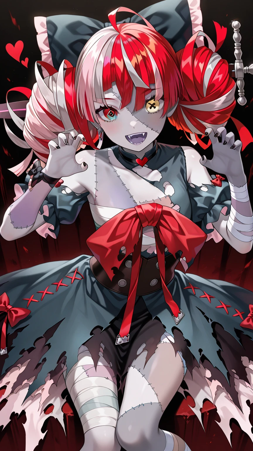 masterpiece, Super detailed, 8K, ,Red and blue twintails,Cute girl, A revealing clown outfit,Pupils dilate, Insanity, Insanityに笑う, Dark aura,Horror Chick,Clown Tattoo