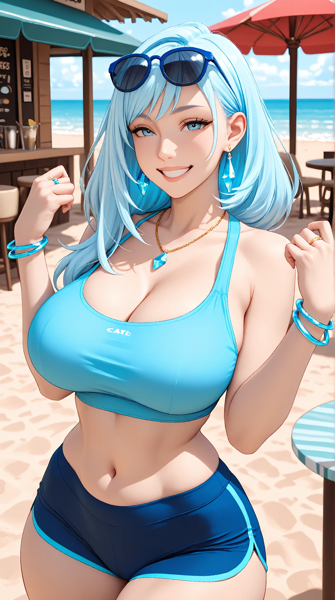 (best quality, ultra-detailed, photorealistic: 1.39), bright and vibrant colors, studio lighting, romantic expression, love smile, Anime girl, blue eyes, white hair, long braided hair, muy voluptuosa, teen, medium breast, shy smile, wallpaper, tank top, long pleated skirt with flower prints, breasts bounce, on the street, in a seductive pose, tatoos