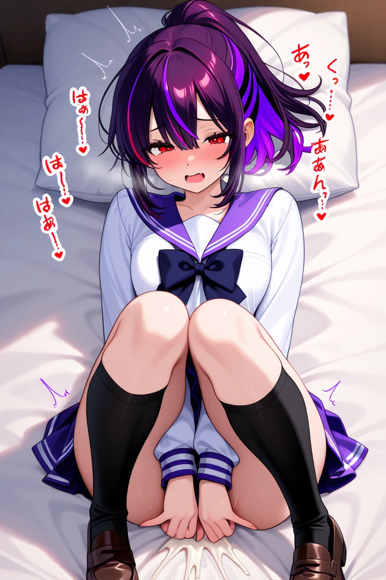 ((1girl, 1boy, penis, sex, pussy, solo focus, spread legs, vaginal, anal, pov, missionary, on back)), masterpiece, best quality, ultra detailed, bedroom, on bed, blush, Purple Hair, Ahoge, Shortcuts, (nude:1.3), (trembling:1.3), rolling eyes, ahegao, tongue out, drooling, saliva, sweat, blush