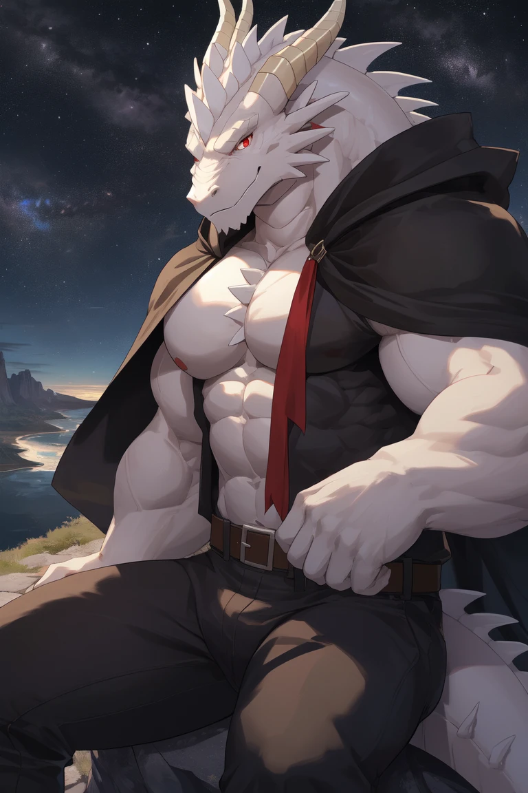 A male werewolf with long white hair , Black body, white belly , White Face , Large bulging crotch , White Japanese loincloth , Red eyes ,Red eye makeup, Seductive pose , whole body ,Strong,Keep your groin upright , Wear a green kimono, Seductive Eyes , Apparition , Moonlit autumn forest 
