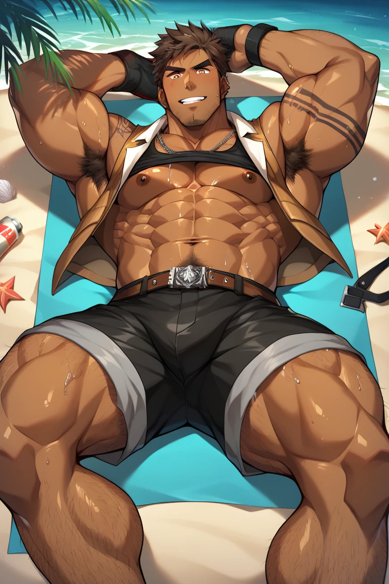solo,masterpiece,high quality,(detailed eyes),furry male wolf,((blaidd)),huge muscular,huge body,looking at viewer,anime,sexy,looking viewer,showing muscle,swimtrunks,(dynamic action),lie on your back,beach,(by null-ghost),by pino daeni