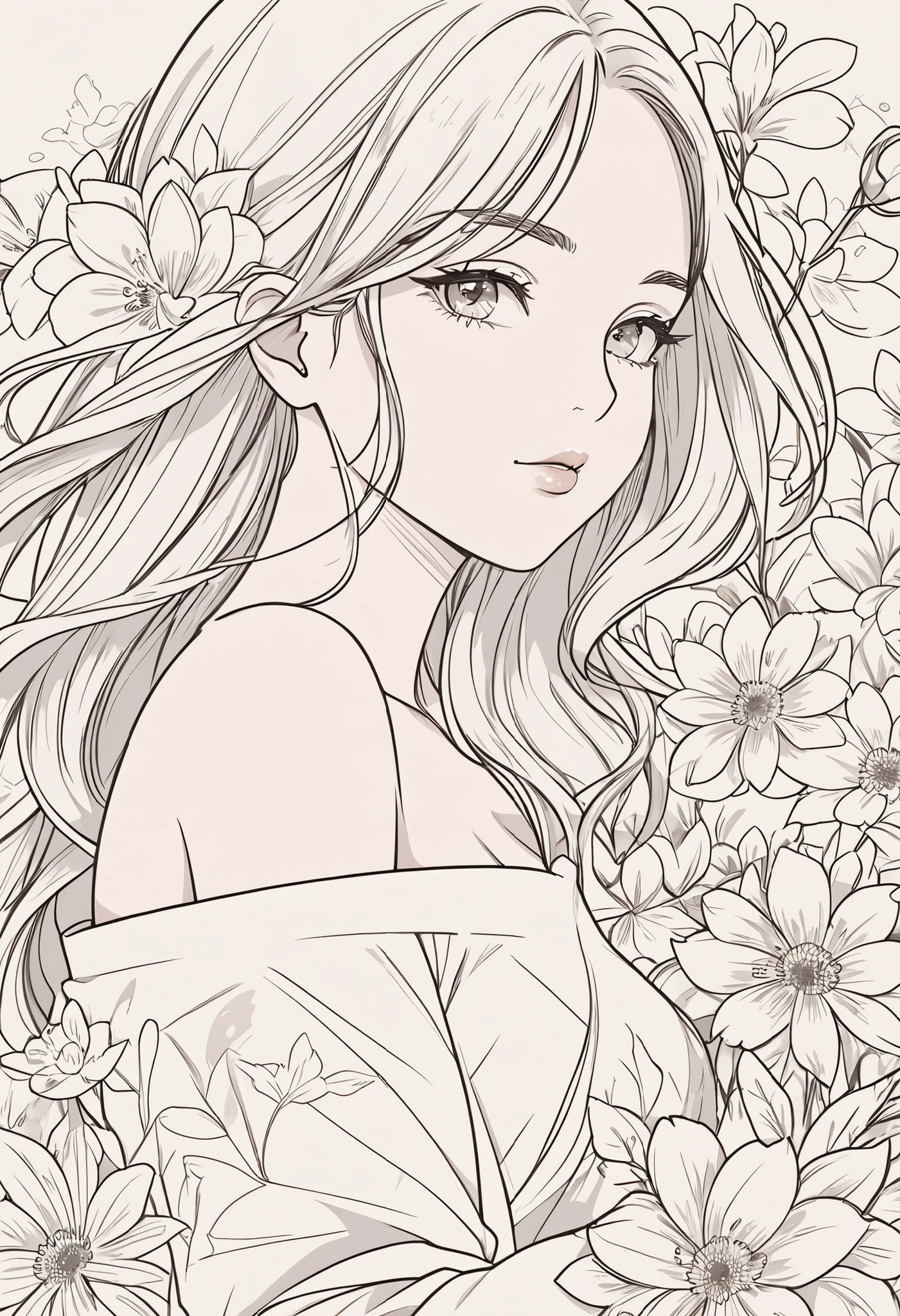 Girl with flowers，Vector Art, flattened at the end of the hair, Smooth Line Art , minimalism,  graphic design aesthetic ,  flat illustration , (Masterpiece, best quality, perfect composition, is very beautiful, HIGH RESOLUTION, super detailed, complicated details, Professional, Official Art, Representative works:1.3)